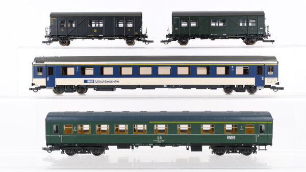 Unbekannt H0 Konvolut Personenwagen Reisezugwagen 1.Kl. "Lötschbergbahn", 2 x Behelfspersonenwagen, Abteilwagen 1./2.Kl. 1 Kupplung fehlt BLS, DR, u.a.