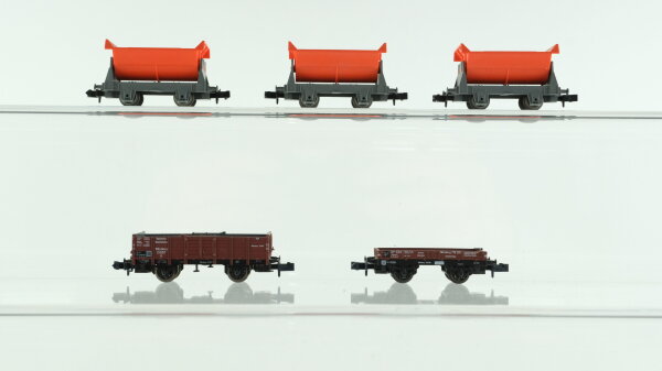 Minitrix N Konvolut Güterwagen 3 x Kipplorenwagen, Hochbordwagen, Niederbordwagen DB, u.a.