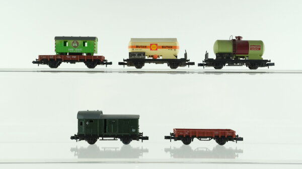 Arnold N Konvolut Güterwagen Kesselwagen "Shell Butan, Ermewa Geneve", Niederbordwagen mit Ladung Bauwagen, Niederbordwagen, Güterzugbegleitwagen DB, DRG, u.a.