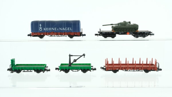 Arnold N Konvolut Güterwagen Behelfskranwagen, Niederbordwagen , Schwerlastwagen mit Panzer, Planwagen "Kuehne & Nagel", Rungenwagen DB, u.a.