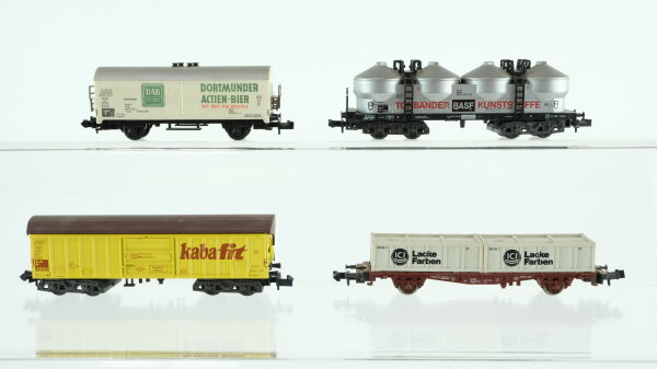 Minitrix N Konvolut Güterwagen Schwenkdachwagen "kabafit", Silowagen "BASF", Containerwagen "ICI Lacke Farben", Kühlwagen "DAB Bier" DB