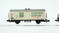 Minitrix N Konvolut Güterwagen Schwenkdachwagen "kabafit", Silowagen "BASF", Containerwagen "ICI Lacke Farben", Kühlwagen "DAB Bier" DB