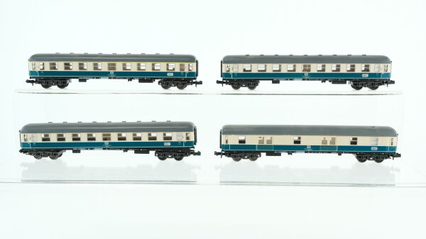 Minitrix N Konvolut Grossraumwagen 1.Kl. 2.Kl. beige-oceanblau Packwagen beige-oceanblau mit Innenbeleuchtung DB