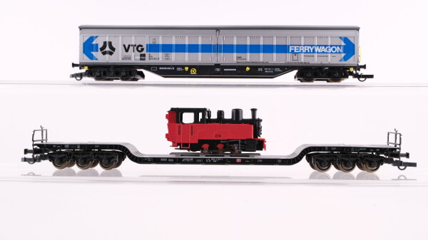 Roco H0 Konvolut Güterwagen Tiefladewagen mit Lok, Teleskophaubenwagen "VTG Ferrywagon" DB