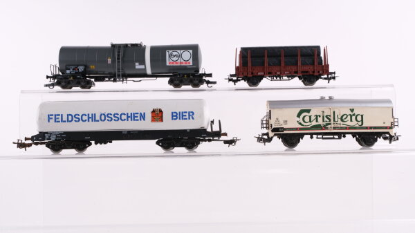 Märklin H0 Konvolut Güterwagen Kesselwagen 4-achsig "Eva, Feldschlösschen Bier", Kühlwagen "Carlsberg", Rungenwagen mit Ladung DB, SBB-CFF, DSB