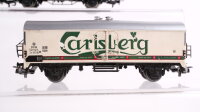Märklin H0 Konvolut Güterwagen Kesselwagen 4-achsig "Eva, Feldschlösschen Bier", Kühlwagen "Carlsberg", Rungenwagen mit Ladung DB, SBB-CFF, DSB