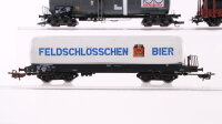 Märklin H0 Konvolut Güterwagen Kesselwagen 4-achsig "Eva, Feldschlösschen Bier", Kühlwagen "Carlsberg", Rungenwagen mit Ladung DB, SBB-CFF, DSB