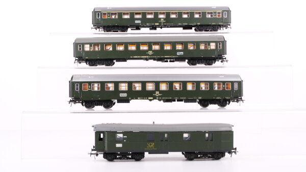 Schicht H0 Konvolut Reisezug 2 x Abteilwagen 2.Kl., Abteilwagen 1.Kl., Postwagen DR, PKP (alle beleuchtet, teilweise Passagiere)