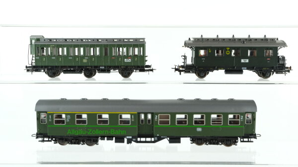 Roco H0 Konvolut Personenwagen Umbauwagen "Allgäu-Zollern-Bahn", Abteilwagen mit Bremserhaus, Donnerbüchse mit Figuren DB, DRG