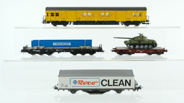 Roco H0 Konvolut Güterwagen Schwerlastwagen mit Panzer (lose), Schwerlastwagen mit Stahlträger fest montiert, Hilfszug Gerätewagen, Schienenreinigungswagen DB, SBB-CFF