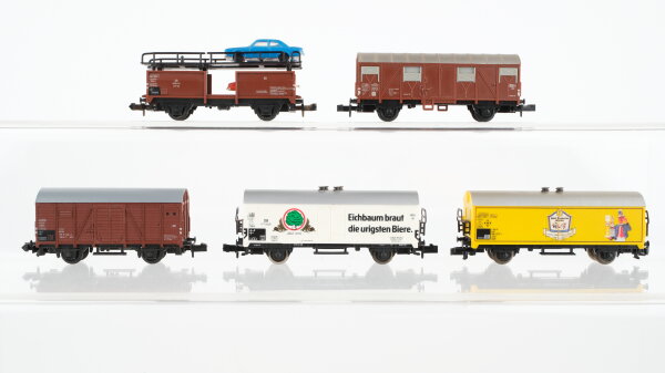 Minitrix N Konvolut Gedeckter Güterwagen "Post Brauerei Weiler Eichbaum Biere"Gedeckte Güterwagen Autotrasportwagen mit 2 PKW DB