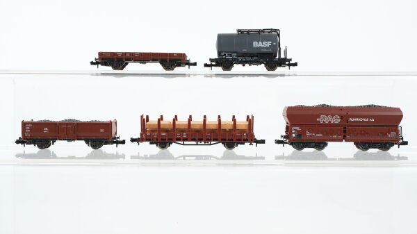 Roco N Konvolut Niederbordwagen Rungenwagen Hochbordwagen Kesselwagen "BASF" Selbstentladewagen "RAG" DB