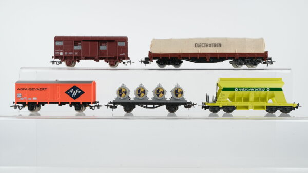 Jouef/Electrotren/Liliput H0 Konvolut Gedeckte Güterwagen Schwerlastwagen mit Plane Behälttertragewagen "Hoechst"Slebstentladewagen "vetro recycling" SNCF/SBB-CFF/u.a.