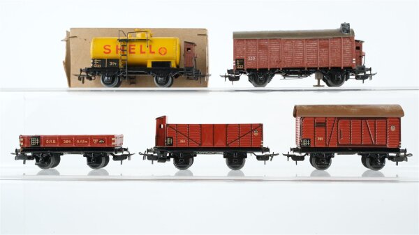Märklin H0 Konvolut Gedeckter Güterwagen mit Bremserhaus und Zugschluss (320) Hochbordwagen mit Bremserhaus (365) Gedeckter Güterwagen (381)Niederbordwagen (364) Kesselwagen (314)
