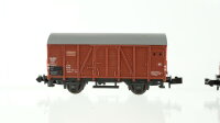 Minitrix N Konvolut Güterwagen Kesselwagen 4-achsig "Esso", Klappdeckelwagen gesupert, gedeckter Güterwagen mit Schiebetür und Ladung, Klappdachwagen, gedeckter Güterwagen, Hochbordwagen, Niederbordwagen DB, FS, u.a.