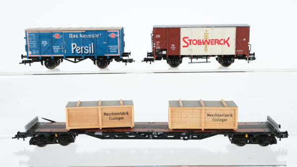 Roco H0 Konvolut Gedeckte Güterwagen "Stollwerck Persil" Schwerlastrungenwagen mit Holzkisten "Maschinenfabrik Esslingen" DB/u.a.