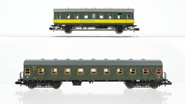 Minitrix N Konvolut Personenwagen Behelfspersonenwagen 3.Kl. grün, Aufenthaltswagen "Gleisbau"