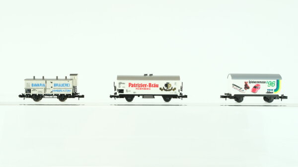 Minitrix N Konvolut Güterwagen Kühlwagen "Spielwarenmesse 1996, Bavaria Brauerei, Patrizier Bräu" DB, u.a.
