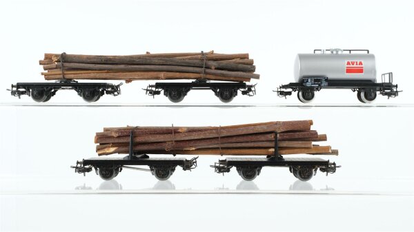 Märklin H0 Konvolut Drehschemelwagen mit Langholz Kesselwagen "AVIA" DB/u.a.