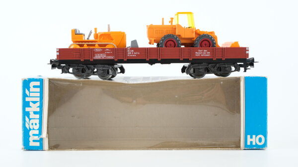 Märklin H0 4474 Niederbordwagen mit Wiking Schaufellader und Raupe DB (OVP beschädigt)