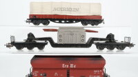 Märklin H0 Konvolut Schwerlastwagen mit Trafo "AEG", Niederbordwagen mit Plane "Märklin", Selbstentladewagen "Erz IIId" DB