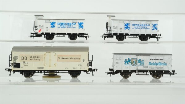 Unbekannt H0 Konvolut gedeckte Güterwagen mit Bremserhaus "Löwenbräu", deckter Güterwagen "Reichelbräu", Kühlwagen mit Reinigungsvorrichtung DR/DB
