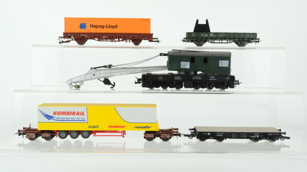 Roco H0 Kranwagen & Kranschutzwagen, Niederbordwagen mit Container "Hapag-Lloyd", Schwerlastflachwagen, Kombirail mit Sattelauflieger, DB/DR