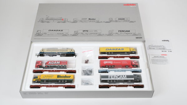 Märklin H0 26531 "Rollende Landstraße" mit Europa-Lokomotive und 5 internationalen Lastzügen DB AG Wechselstrom Digital