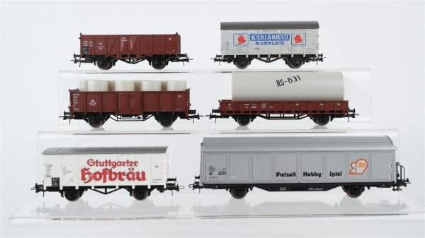 Roco H0 Konvolut Bierwagen "Stuttgarter Hofbräu, Karlsbräu Mannlich" Flachwagen mit Rohr, Hochbordwagen, gedeckter Güterwagen "Freizeit Hobby Spiel" DB/SBB-CFF