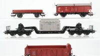 Märklin H0 Konvolut Hochbordwagen mit Bremserhaus, Niederbordwagen, Schiebedachwagen, Schwerlastwagen mit Transformator "AEG" DB