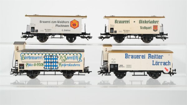 Märklin H0 Konvolut 2 gedeckte Güterwagen "Brauerei zum Waldhorn, Brauerei Dinkelacker", 2 Kühlwagen mit Bremserhaus "Brauerei Reitter Lörrach, Bierbrauerei Jaenisch" Länderbahn (Abbruch vorhanden)