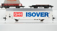 Fleischmann H0 Konvolut 1 Kühlwagen "G+H Isover", 1 Flachwagen mit Plane "Schienen-Reinigungswagen", 1 Flachwagen, DB (unvollständig)