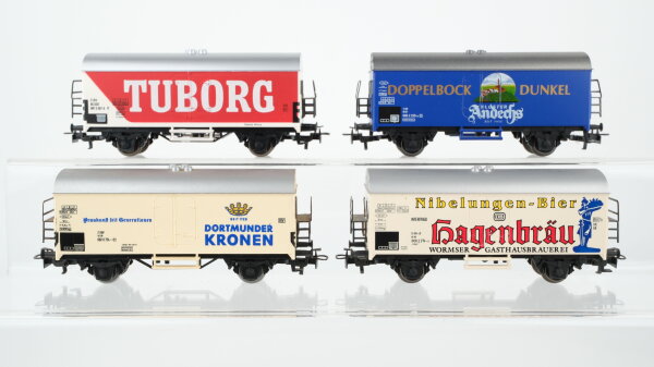 Märklin H0 Konvolut 4 Bierwagen "Dortmunder Kronen, Tuborg, Doppelbock Dunkel, Nibelungen-Bier" DB/DSB