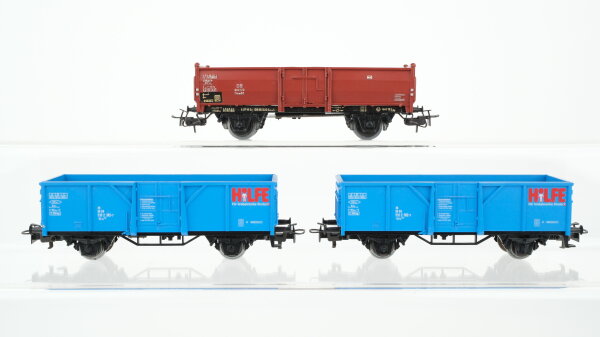 Märklin H0 Konvolut 1 Hochbordwagen braun, 2 Hochbordwagen "Hilfe für krebskranke Kinder" blau DB