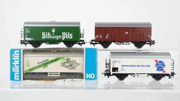 Märklin H0 Konvolut 3 Kühlwagen "Bitburger Pils, Krautfest Leinfelden, Pabst Blue Ribbon", 1 gedeckter Güterwagen DB