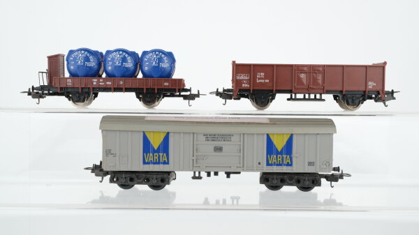 Lima H0 Konvolut 1 Schwenkdachwagen "Varta", 1 Hochbordwagen, 1 Behältertragewagen mit Bremserhaus "Löwenbräu" DB/FS