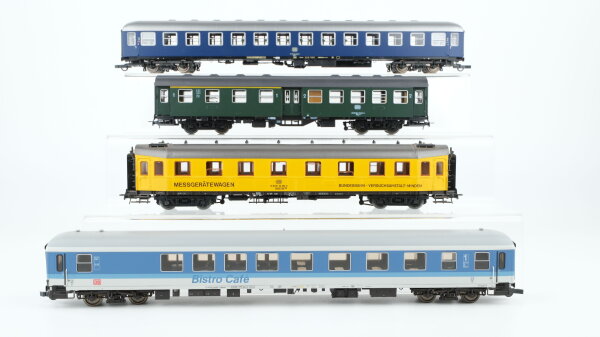 Roco H0 Konvolut 1. Personenwagen mit Bistro-Cafe 1.Kl. blau/grau, 1 Abteilwagen 2.Kl. blau, 1 Mitteleinstiegwagen 1./2.Kl. grün, 1 Messegerätewagen gelb DB