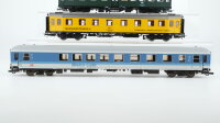 Roco H0 Konvolut 1. Personenwagen mit Bistro-Cafe 1.Kl. blau/grau, 1 Abteilwagen 2.Kl. blau, 1 Mitteleinstiegwagen 1./2.Kl. grün, 1 Messegerätewagen gelb DB