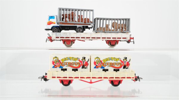 Unbekannt H0 Konvolut 2 Niederbordwagen mit Ladung (LKW mit Löwenkäfig, Löwenkäfig, 2 Container) "Big.Top Circus" (Wagen bemalt)