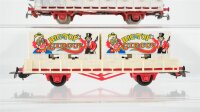 Unbekannt H0 Konvolut 2 Niederbordwagen mit Ladung (LKW mit Löwenkäfig, Löwenkäfig, 2 Container) "Big.Top Circus" (Wagen bemalt)