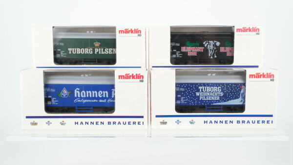 Märklin H0 Konvolut "Hannen Brauerei" 4 Bierwagen "Hannen Alt, Tuborg, Carlsberg Elephanten Beer, Tuborg Weihnachts-Pilsener" DB