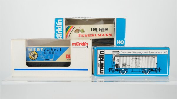 Märklin H0 Konvolut 2 Containertragewagen "Alno Wert Paket IMM 98, 100 Jahre Tengelmann", 1 Gedeckter Güterwagen mit Bremserhaus "Tengelmanns Kaffee-Geschäft" DB/DR