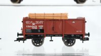 Fleischmann H0 Konvolut 1 Flachwagen für Sattelzug 3-achsig, 1 Hochbordwagen, 1 Nieder bordwagen mit Ladung "Radreifen", 1 Niederbordwagen mit Bremserhaus und Figuren (Eigenbau) DR/K.Sächs.Sts.E.B.