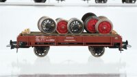Fleischmann H0 Konvolut 1 Flachwagen für Sattelzug 3-achsig, 1 Hochbordwagen, 1 Nieder bordwagen mit Ladung "Radreifen", 1 Niederbordwagen mit Bremserhaus und Figuren (Eigenbau) DR/K.Sächs.Sts.E.B.