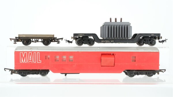 Tri-ang/TTR H0 Konvolut Schwerlastwagen mit Trafo "Weltrol WH", Niederbordwagen "43726" Postwagen "Mail"