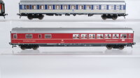 Fleischmann H0 Konvolut Personenwagen "Bistro Cafe" 1.Kl. blau/grau, Speisewagen rot, Abteilwagen 2.Kl. blau/grau, Abteilwagen 1.Kl orange/grau, Personenwagen "Touropa" DB