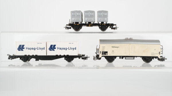 Märklin H0 Konvolut Behältertragewagen "Von Haus zu Haus", Containertragewagen "Hapag-Lloyd", Kühlwagen weiss, DB