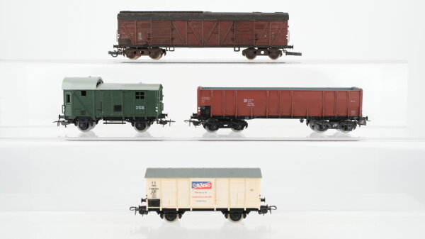 Piko H0 Konvolut gedeckterGüterwagen 4-achsig braun, gedeckter Güterwagen "Cinzano", Hochbordwagen 4-achsig braun, Güterzu-Begleitwagen grün DR/DSB/FS