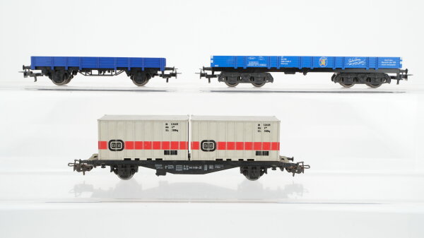 Märklin H0 Niederbordwagen 2-achsig, Niederbordwagen 4-achisg (Pustefix), Containertragwagen mit 2 Containern DB