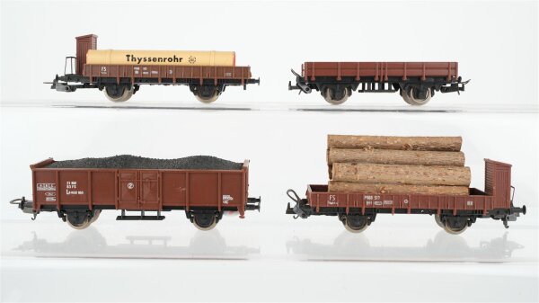 Lima H0 Konvolut 2 Niederbordwagen mir Bremserhaus (Thyssenrohr, Holzladung), Hochbordwagen mit Kohleladung, Niederbordwagen FS Italia/u.a. (Kupplungen fehlen z.T.)